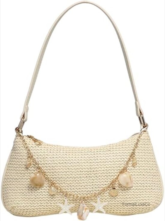 Handbags - Boho Seashell Beaded Straw Clutch - Woven Shoulder Bag